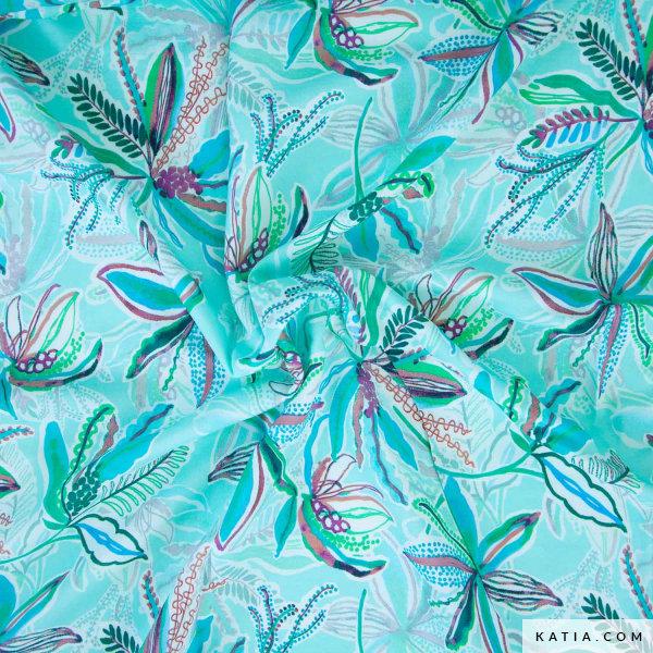 Viskosestoff Rayon Turquoise Leaves Chalis